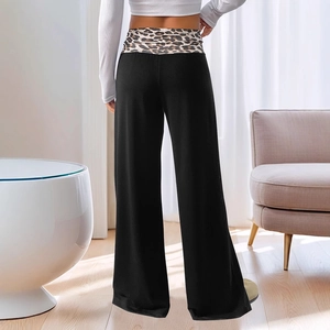 Pantalon de détente noir pour femme à taille haute avec patchwork à imprimé léopard