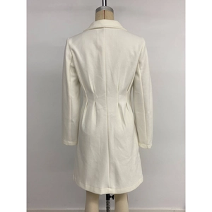 Elegant long off-white wool coat for women with classic lapel and tailored back silhouette