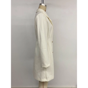 Elegant ivory long wool blend coat for women featuring a slim fit and gold button detail