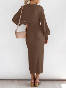 Detail of vertical ribbed texture on a brown knit long-sleeve dress for women