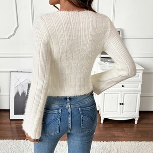Slim fit white mohair knit sweater with long flare sleeves and ribbed texture, back view
