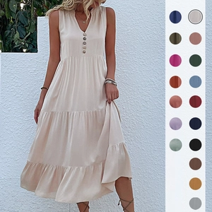 Women Casual V Neck Sleeveless Tiered Maxi Dress Solid Color Button Front Loose Fit Boho Summer Beach Dress
