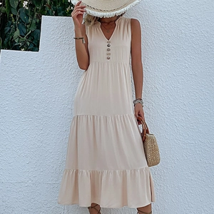 Beige V-neck sleeveless tiered maxi dress with buttons for summer casual vacation look