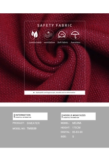 Detail of burgundy knit sweater texture and size chart for 175cm model wearing small