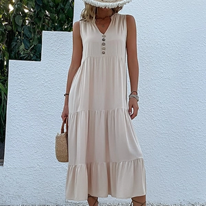Beige sleeveless V-neck tiered maxi dress with button detail for a summer casual look
