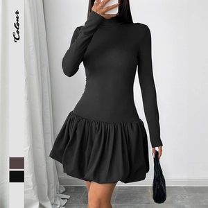 Slim fit high neck long sleeve dress with puff bubble skirt in black and dark grey