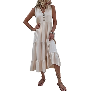 Summer V-neck sleeveless long dress in cream beige featuring tiered cake skirt and wood buttons