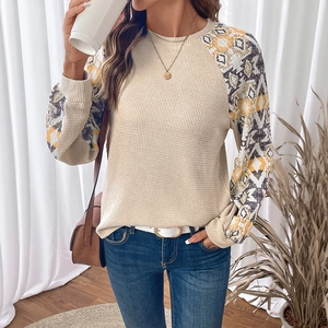 Women's waffle knit sweatshirt with ethnic geometric pattern long raglan sleeves