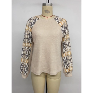Waffle knit patchwork long sleeve top with ethnic geometric pattern on raglan sleeves