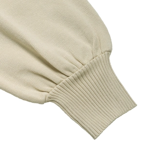 Detailed macro view of the elegant ribbed lantern sleeve cuffs on a beige knit dress
