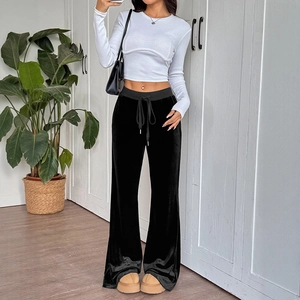 Women casual set with white long sleeve top and black velvet wide leg trousers
