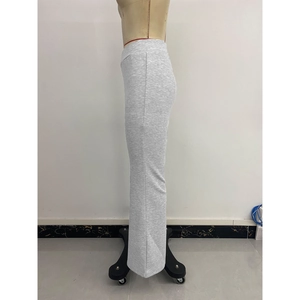 Women's grey high-waisted wide-leg trousers with slim fit V-waist side profile view