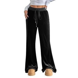 Women's high waist velvet flare trousers in black with elastic drawstring waist