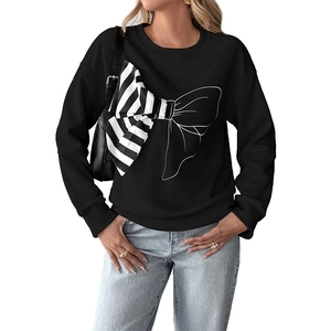 Women's black crewneck sweatshirt with oversized striped bow print and casual loose fit