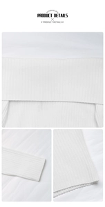 Detail der elastischen Rippstruktur und des gefalteten schulterfreien Kragens an diesem Pullover