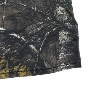 Detailed view of forest camouflage pattern and double-needle stitching on long-sleeve tee