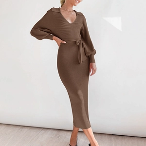 Women Elegant V Neck Lapel Knit Midi Dress Lantern Long Sleeve Ribbed Solid Color Tie Waist Sweater Dress