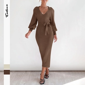 Brown V-neck knit midi dress with lantern sleeves and a waist tie belt detail