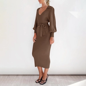 Elegant brown V-neck knit midi dress with lantern sleeves and a self-tie waist belt