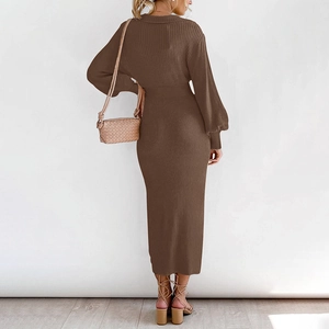 Deep brown ribbed knit dress with lantern sleeves and waist tie, elegant back view