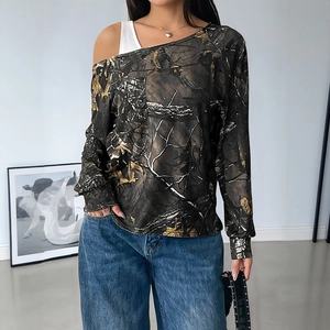 Women's Camouflage Print Long Sleeve T-Shirt Sexy Off Shoulder Layered Look Top Casual Streetwear Polyester Spandex Blouse