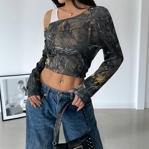 Off-shoulder camo long sleeve crop top with layered strap detail and slim fit design