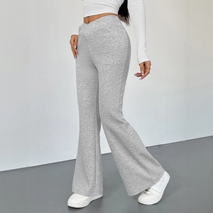 Pantalon Évasé Femme Taille Croisée en V Gris Chiné Décontracté Haute Élasticité Tricot Amincissant Pantalons Large