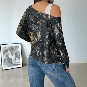 Women's off-shoulder camo top with faux two-piece design and forest print pattern