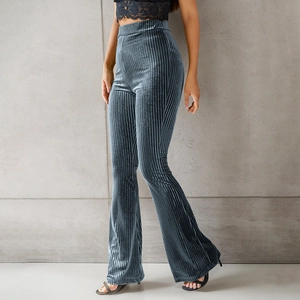 Pantalon Évasé Femme Taille Haute Côte Rayé Coupe Slim Pantalon Long Sexy Automne Bleu Grisâtre Legging Évasé Casual