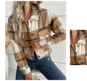 Close-up of the vintage brown plaid pattern and soft brushed texture of the women jacket