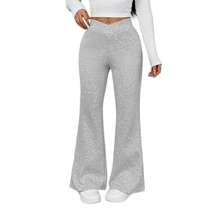 Pantalon évasé gris pour femmes avec taille haute et design en V croisé