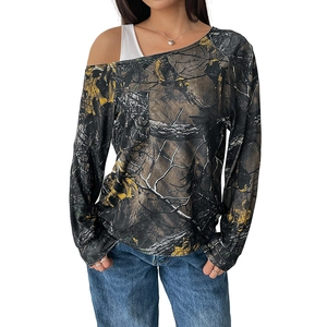 Women's forest camouflage long sleeve off-shoulder top with white layered camisole