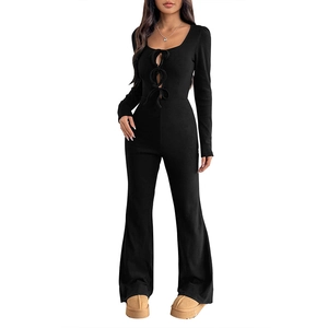 Chic black lace-up flared jumpsuit with square neck and ribbed knit fabric for women
