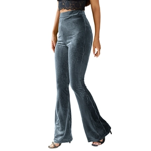 Pantalon évasé à taille haute pour femme avec texture rayée verticale en bleu gris