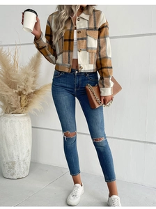 Short plaid brushed jacket for women with lapel collar and chest pockets in yellow white