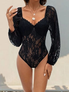 Detail of floral lace bodysuit with sweetheart neckline and boning structure