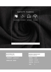 Detailed close-up of breathable black knit jumpsuit fabric with technical specifications