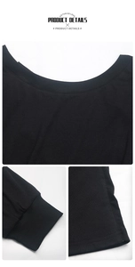 Detail view of ribbed round neckline and hem stitching on a black knitted jumpsuit