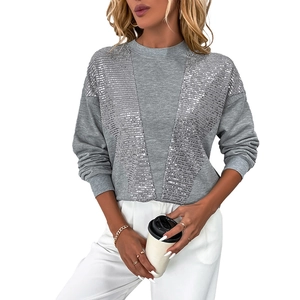 Women's gray long sleeve sweatshirt featuring V-shaped silver sequin embellishment
