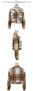 Detail view showing front, side, and back of cropped brushed plaid jacket with chest pockets