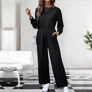 Women Casual Solid Long Sleeve Jumpsuit Round Neck Elastic Waist Open Back Bow Tie Elegant Wide Leg Long Pants Romper