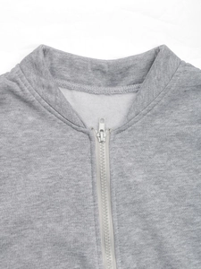 Detailed close-up of ribbed collar and metal zipper on grey fleece sweatshirt