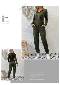 Detailed views of dark green hooded jumpsuit with front zipper and elastic waist design