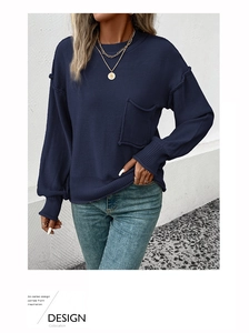 Close-up of navy blue knit sweater featuring ribbed cuffs and chest pocket detail