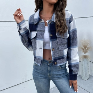 Short blue and white plaid flannel jacket with chest pockets and button-front closure