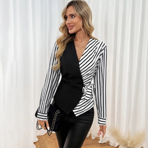 Women's V-neck striped patchwork long sleeve blouse with side bow tie waist design