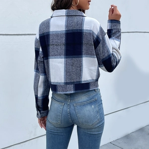 Short plaid brushed flannel jacket with vintage lapel and long sleeves for women