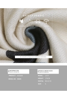 Detail of soft knit fabric texture for leopard patchwork hoodie with sizing guide