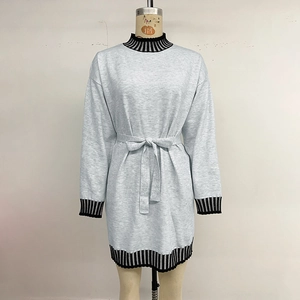 Women Casual Striped Knitted Dress Long Sleeve Mock Neck Tie Waist Patchwork Contrast Color Autumn Winter Midi Sweater Dress