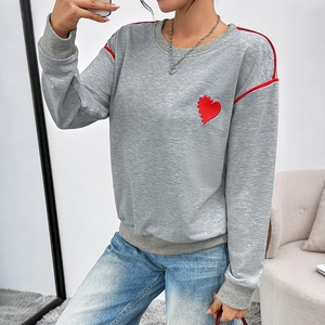 Grey pullover sweatshirt with red heart embroidery and contrast piping details